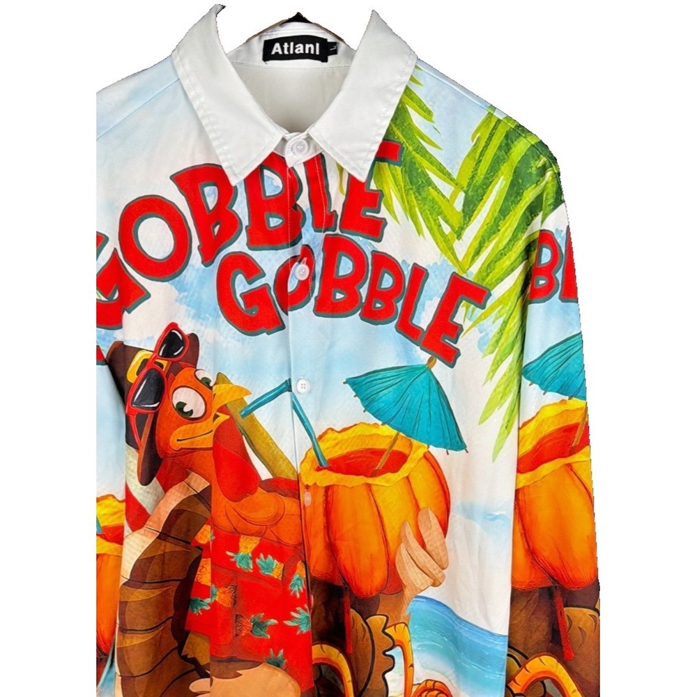 Atlani Mens L Multicolor Thanksgiving Turkey Gobble Gobble‎ Long Sleeve Shirt